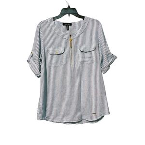 Ellen Tracy Large Linen Blue Striped Blouse with Gold Zipper Roll Sleeve